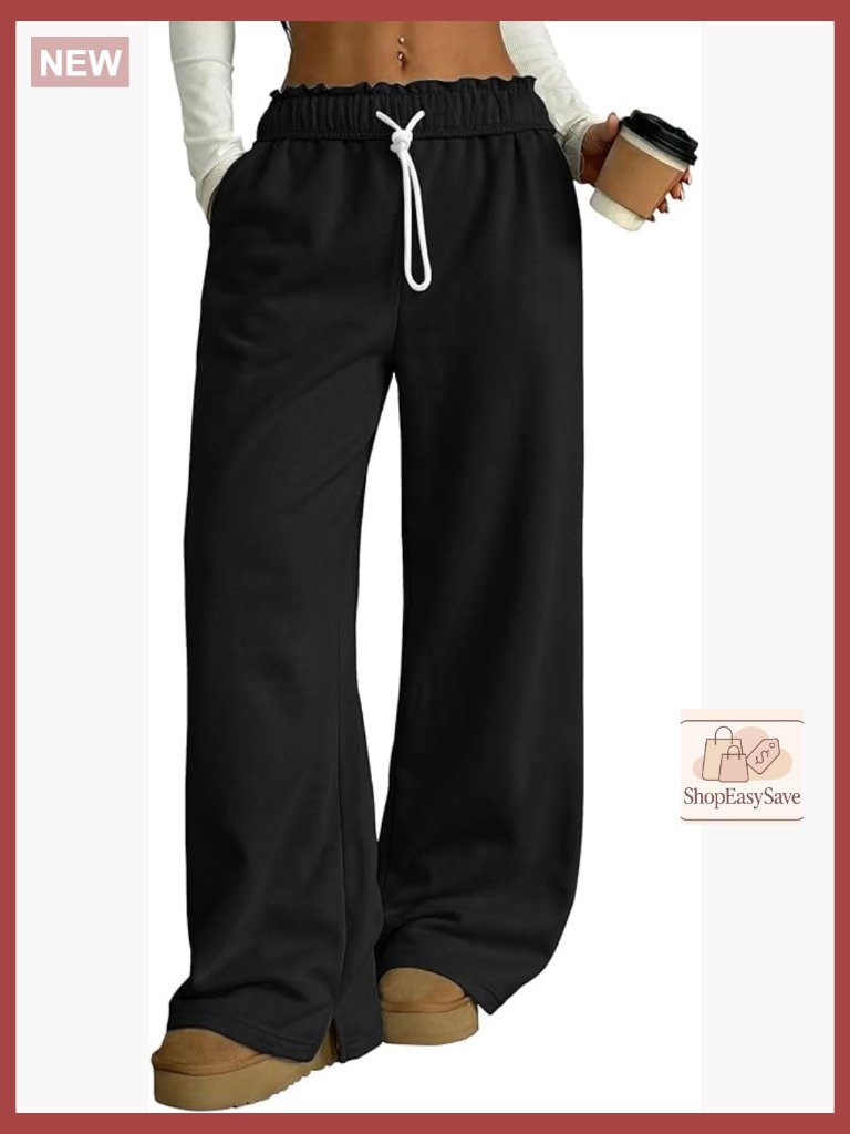 Fleece Lined Sweatpants Foldover Waistband Wide Leg Lounge Pants With Pockets